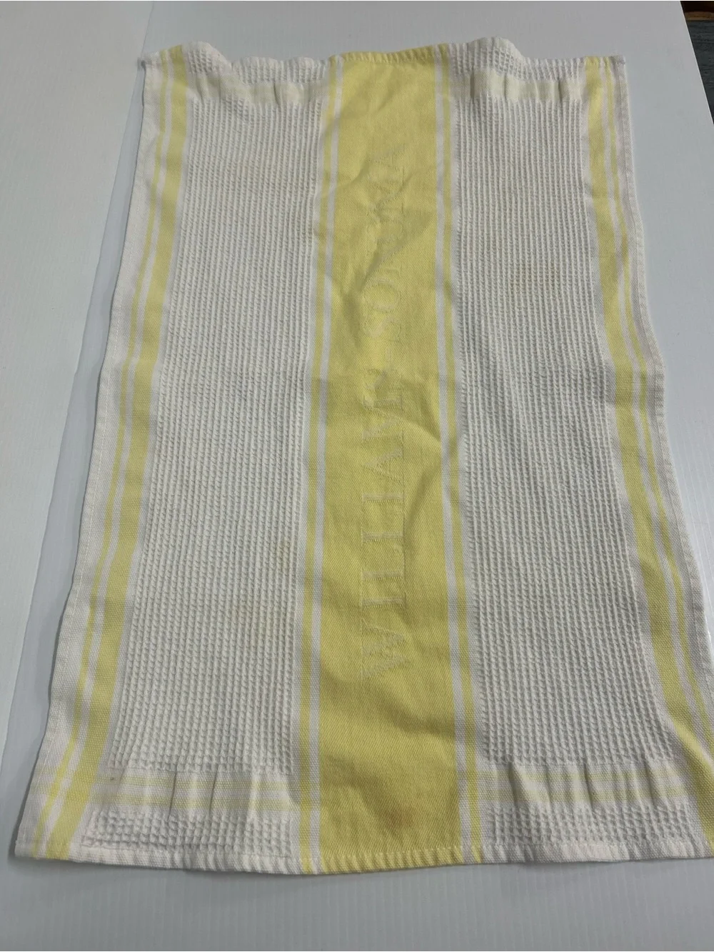 Williams Sonoma Classic Waffle Dish Towel Yellow on White Spellout- EUC
